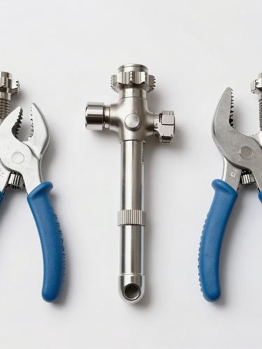 A bright, clean daylight photograph of professional plumbing tools arranged with absolute precision on a dry, pristine surface, crisp metallic and blue tones, sharp focus, 35mm