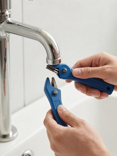 A close-up of hands performing a precise installation of a modern brass faucet, utilizing clean professional tools, bright neutral daylight, sharp focus, 35mm
