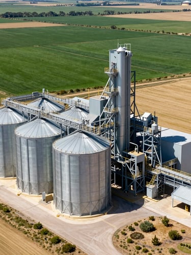Wide-angle architectural shot of a massive modern soy processing plant and industrial silos in Bolivia, crisp bright daylight casting clean shadows, deep green fields in the background, high-detail editorial industrial photography.