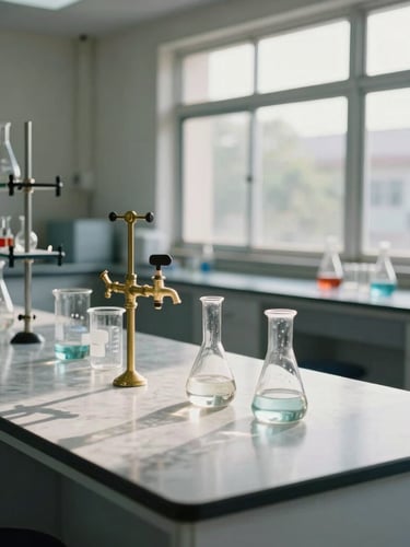 Environmental shot of a modern chemistry laboratory inside an Indian college, clean marble countertops, glass beakers, brass gas taps, natural light streaming through large windows.