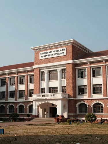 A wide-angle landscape of the prestigious Chaudhary Ramprakash Yadav Mahavidyalaya campus building in Tulsi Nagar, bright natural daylight, elegant brick architecture