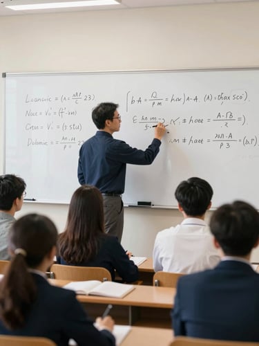 A medium-wide environmental shot of a university professor in a formal lecture hall, writing complex equations on a clean whiteboard, students taking notes in the foreground, bright natural daylight.