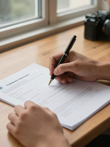 A close-up of a student's hands filling out official university registration documents on a wooden desk, warm natural light streaming through a library window