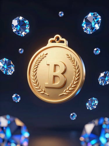 futuristic 3D render of a glowing gold medal and neon blue digital gems floating on a dark ambient background, glassmorphism, octane render