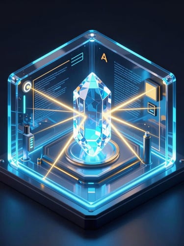 Isometric 3D render of a glowing digital gem vault, neon blue and gold laser beams scanning a central holographic crystal, dark ambient background, glassmorphism, octane render