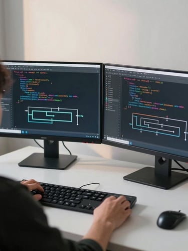 Over-the-shoulder view of a clean developer workspace, dual monitors displaying structured Python code and data pipelines, cool morning daylight, minimal aesthetic
