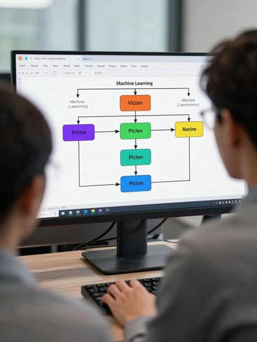 Over-the-shoulder view of a developer analyzing a complex machine learning pipeline diagram on a vertical monitor, cool office daylight, crisp details.