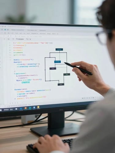 Over-the-shoulder perspective of a developer analyzing clean code blocks and pipeline architecture diagrams on a high-resolution screen, cool office daylight, crisp details.