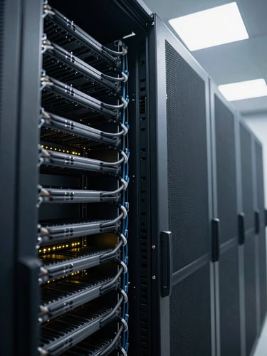 Close-up wide shot of a dense server rack interior, rows of cable management arms and blinking status LEDs visible along the left third of frame, cool fluorescent overhead light casting sharp shadows across aluminum chassis panels, slight depth of field blur on the far right — no people, no text, no branding