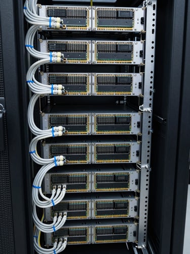 Close-up overhead shot of a dense server rack interior, multiple processors and RAM modules visible, cables neatly routed with cable ties, cool white LED lighting illuminating the components from above, no branding visible, purely the physical hardware in working condition