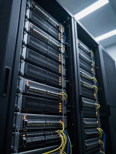Close-up wide shot of a dense server rack interior, rows of blade servers with blinking status LEDs, thick bundles of ethernet cables routed along cable management arms, fluorescent LED overhead lighting casting cool white light on the hardware, shot from a low angle looking up the rack column, no people visible, data center environment