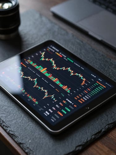 Close-up of a high-end digital tablet displaying real-time financial dashboards on a dark slate desk, cool daylight, sharp focus.