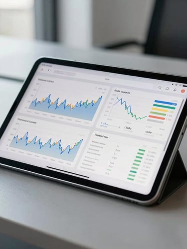 Crisp, bright close-up of a high-end tablet displaying clean financial charts and operational dashboards, placed on a slate gray desk in a modern Madrid office under cool natural daylight.