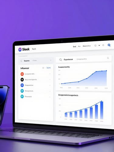 Sleek tech marketplace dashboard showing influencer search filters, campaign metrics, and engagement graphs, studio lighting with purple glow.