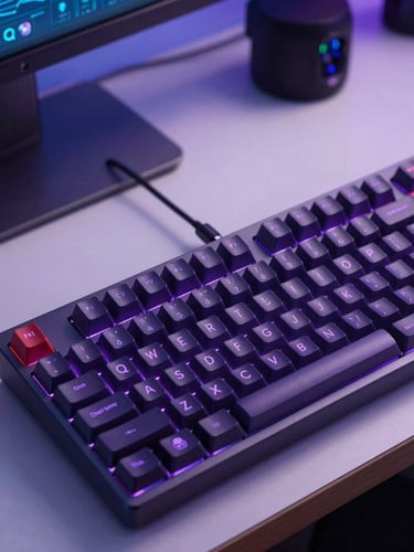Sleek mechanical keyboard with custom keycaps on a professional creator desk, subtle purple ambient backlight, high-key studio lighting, sharp focus