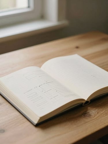 A warm editorial photograph of an open notebook with structured diagrams on a minimalist wooden desk, soft window daylight, muted earth tones.