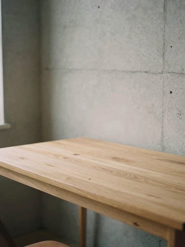 Wide quiet environmental shot of a minimalist wooden desk near a concrete wall, soft morning light, 35mm film