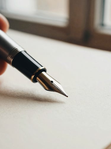 Macro close-up of a fountain pen nib resting on textured cream paper, soft indirect window light, shallow depth of field, 35mm film