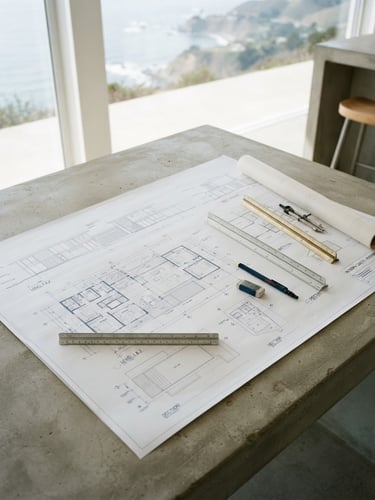 Architectural blueprint of a modern house on a clean concrete table, bright coastal daylight, sharp lines, professional engineering tools nearby, 35mm