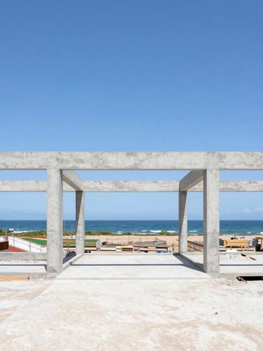 Wide shot of a clean, highly organized modern construction site in Florianópolis, concrete structure framing the blue coastal sky, bright daylight, 35mm