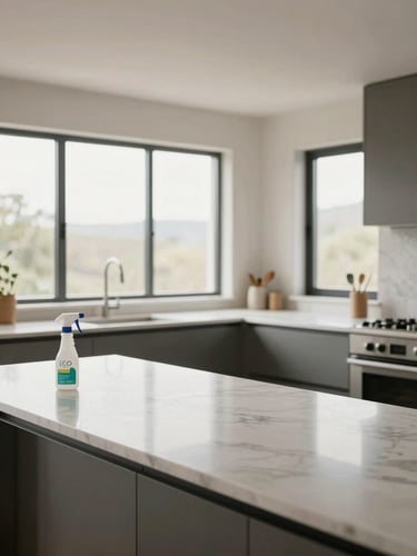 Wide environmental shot of a freshly cleaned open-plan kitchen interior, white marble countertops bare and gleaming, a single eco-certified spray bottle placed at the left edge, soft north-facing daylight diffused through floor-to-ceiling windows, no people