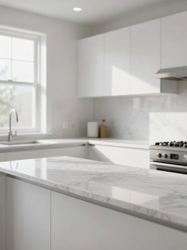 Wide environmental shot of a pristine white kitchen — gleaming marble countertops completely clear, under soft north-facing daylight through a window to the left, no people, immaculate surfaces receding toward the back wall