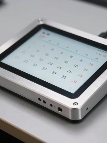 Macro studio shot of a machined aluminum desk display, matte glass screen showing a clean calendar interface, sharp highlights on the metallic chamfered edges.