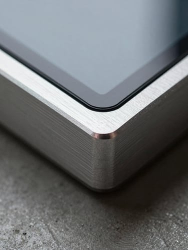 Macro close-up of a machined aluminum device edge, matte glass screen surface, low-key dramatic studio lighting with sharp highlights on metallic edges, raw concrete background.