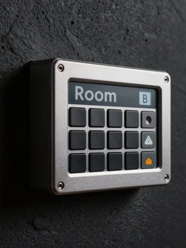 Macro studio photograph of the Room Scheduler device mounted flush on a dark concrete wall, low-key dramatic side lighting highlighting the sharp machined aluminum edges.