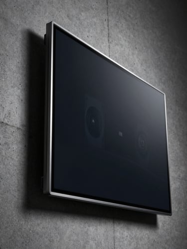 Macro side-profile of an ultra-wide matte glass screen mounted on a raw concrete wall. Low-key dramatic studio lighting catching the sharp machined metal edge. Custom dark telemetry interface visible on screen.