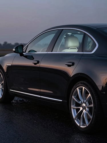 Sleek black executive sedan parked on wet asphalt at twilight, sharp focus on polished chrome details and pristine leather interior visible through the window, low-key dramatic lighting, 35mm