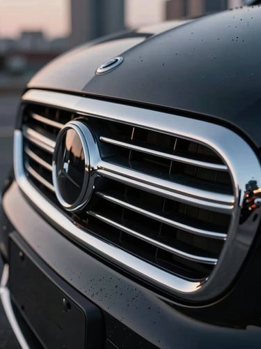 Macro shot of polished silver chrome detailing on a black luxury vehicle exterior, wet asphalt reflections, twilight city background, sharp focus