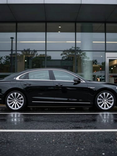 Sleek profile of a polished black luxury sedan parked outside a modern glass terminal at twilight, wet asphalt reflecting crisp silver highlights, sharp focus, 35mm