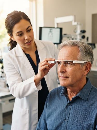 Over-the-shoulder medium shot of an ophthalmologist in a bright, modern clinic demonstrating sleek white smart glasses to a senior patient, warm natural daylight, sharp focus, 35mm lens