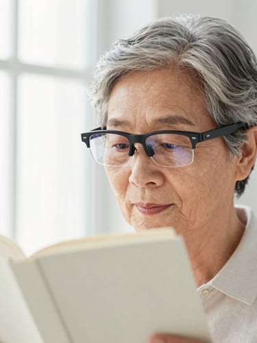 Close-up of a senior patient reading a high-contrast book with ease while wearing advanced electronic smart glasses, bright natural window light, clinical editorial style