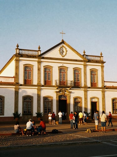 A historic cultural center facade in Três Lagoas during golden hour, warm lighting, local people gathering outside, 35mm photography