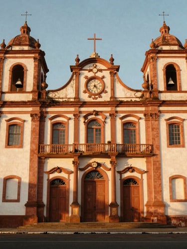 Warm editorial photography of a historic cultural center facade in Três Lagoas, golden-hour natural light, rich terracotta tones, authentic architectural detail, 35mm film style.