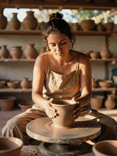 Warm editorial portrait of a local ceramic artist in Três Lagoas, working with terracotta clay in a sunlit studio, golden hour natural light, 35mm film style.