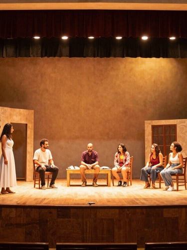 Warm editorial photography of a local theater stage in Três Lagoas, dramatic golden stage lighting, authentic actors rehearsing, 35mm film style.