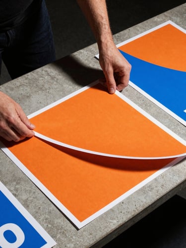 High-contrast editorial photography of hands arranging raw campaign poster mockups on a concrete studio table, dramatic flash lighting, vibrant orange accents, sharp shadows.