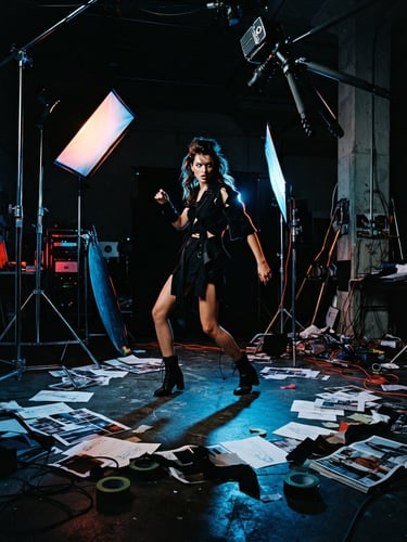 Dynamic low angle shot of a raw studio photography setup, sharp shadows, dramatic neon orange and electric blue edge-lights, 35mm film grain, physical design assets on the floor.