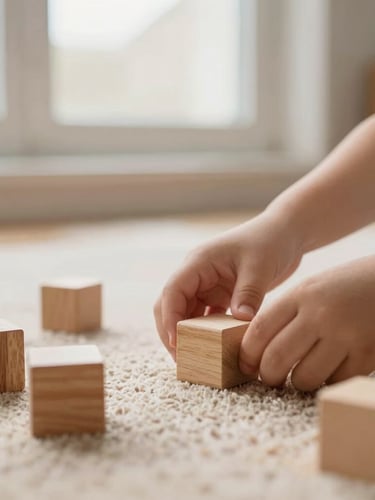 Close-up of a child's hands arranging smooth wooden blocks on a warm wool rug, soft window light, shallow depth of field, 35mm