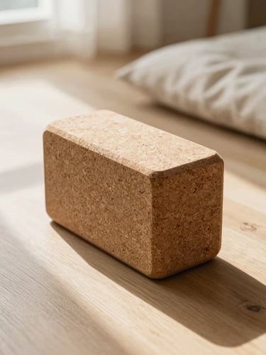 Close-up of a high-quality cork yoga block and a linen posture cushion on a light wooden floor, soft natural morning light, organic shadows