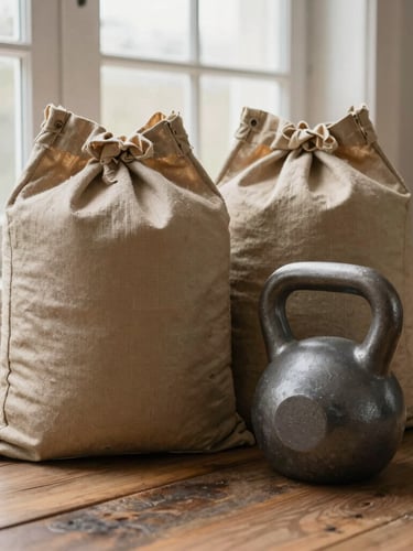 A pair of heavy canvas sandbags and a steel kettlebell on a rustic wooden floor, soft side lighting, warm organic tones, 35mm