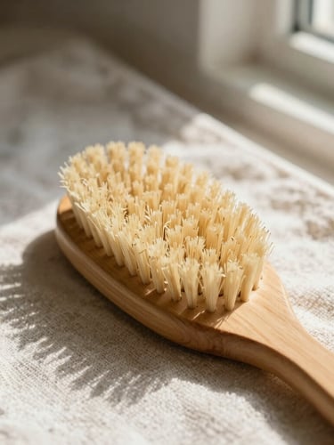 A close-up flat-lay of a wooden body brush with natural bristles resting on a textured linen towel, warm morning sunlight, organic shadows, 35mm