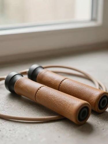 Close-up of a high-quality leather jump rope coiled on a light concrete floor, soft morning window light, warm organic tones, shallow depth of field, 35mm