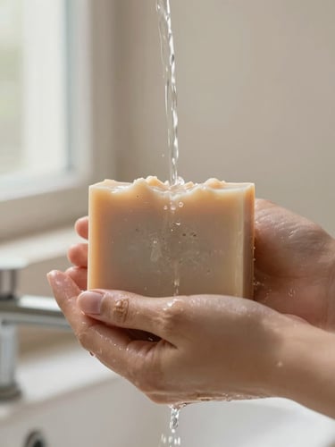 Hands holding a solid organic soap bar under a soft stream of water, neutral background, soft natural lighting, shallow depth of field