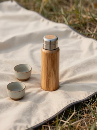 Close-up of a high-quality canvas picnic blanket spread on dry grass, a wooden thermos and ceramic cups under soft afternoon sunlight, warm natural tones, 35mm photography