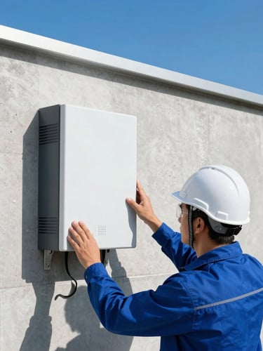 Close-up of a professional solar engineer in a white hardhat inspecting a modern solar inverter on a clean concrete wall, bright direct sunlight, vibrant blue tones, 35mm
