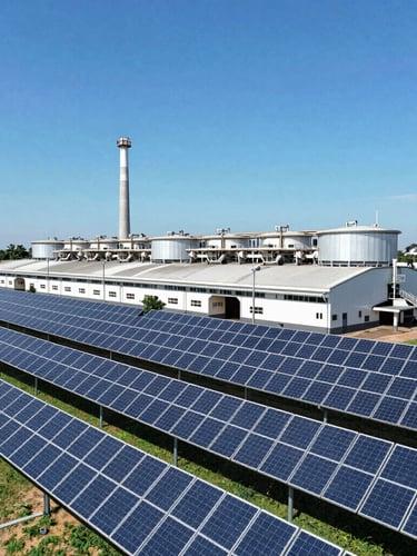 Drone perspective of a massive industrial solar panel installation in São Paulo under bright direct sunlight, clean blue sky, crisp architectural photography